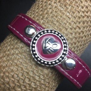 Pleather Love Heart Bracelet Magenta Hot Pink Silver Snap Adjustable Retro BoHo